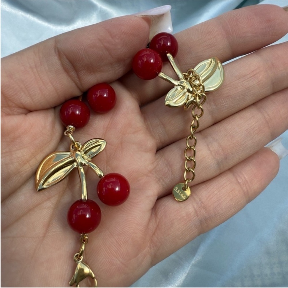 Cherry Design Gold and Red Beaded Stainless Steel Necklace - Picture 8 of 11